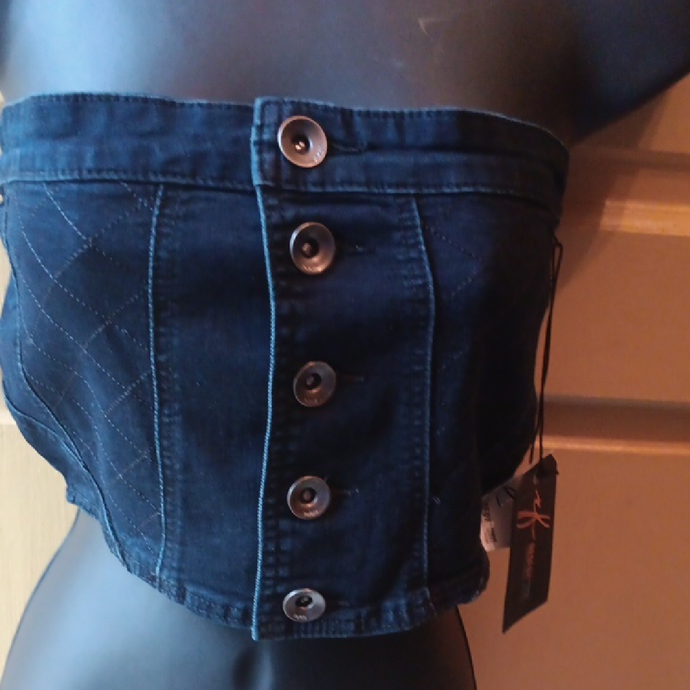Denim Button-Front Tube Top - Navy Blue